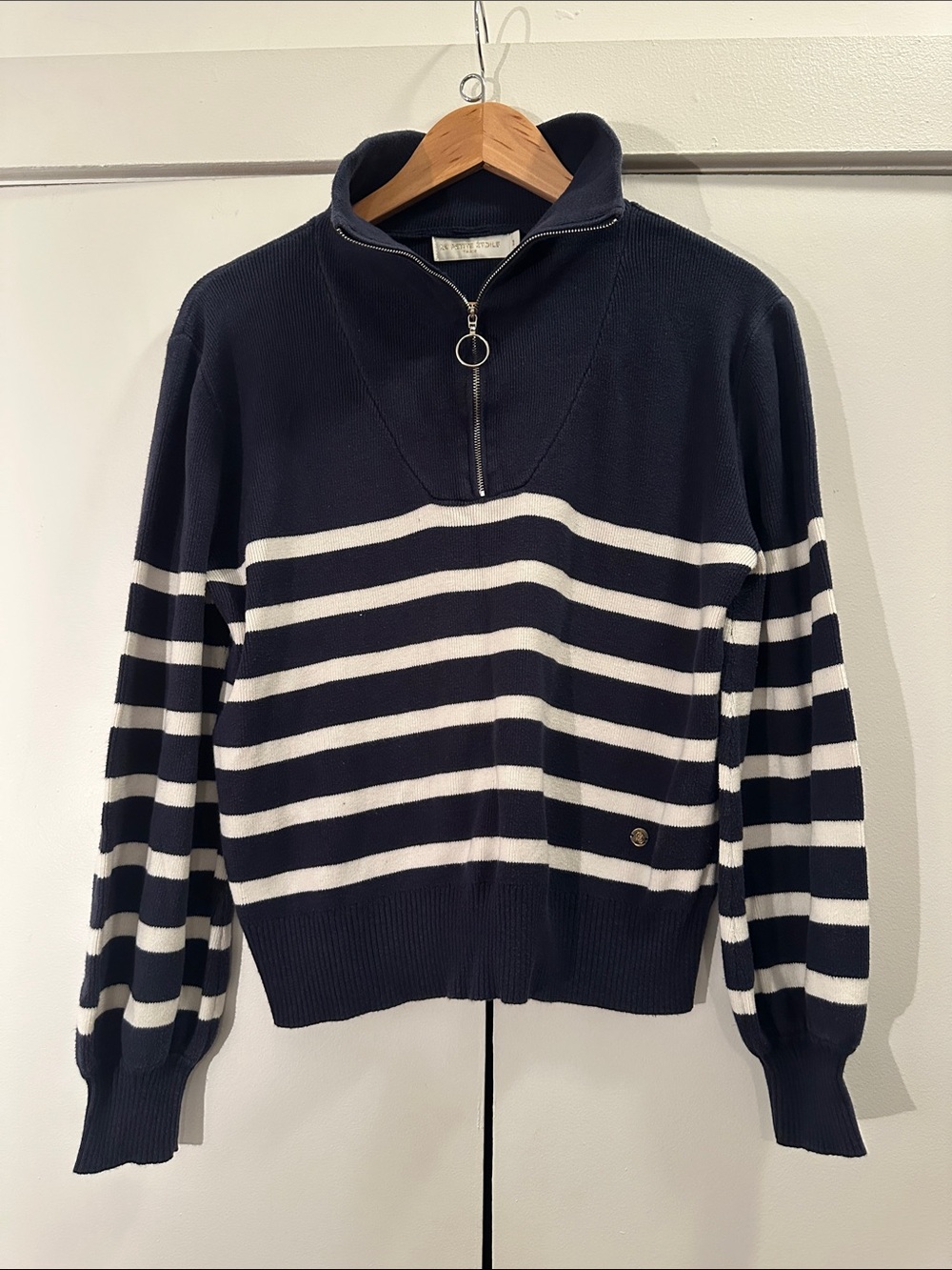 La Petite Etoile Navy and White Striped Half-Zip Sweater